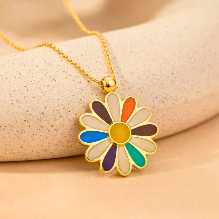 14 Ayar Altın Gökkuşağı Papatya Kolye