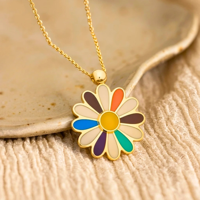 14 Ayar Altın Gökkuşağı Papatya Kolye