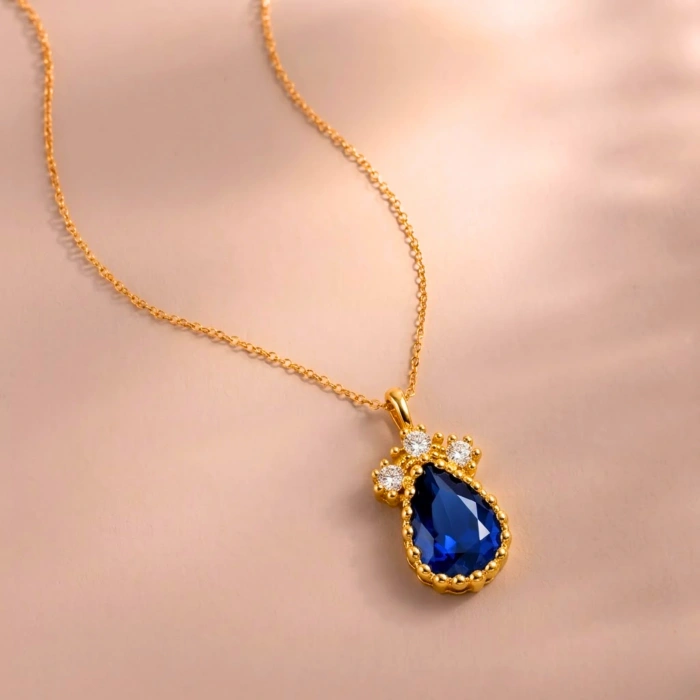14K Solid Gold Blue Sapphire Teardrop Necklace