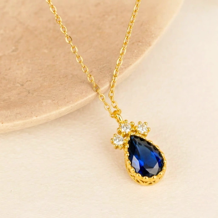 14K Solid Gold Blue Sapphire Teardrop Necklace