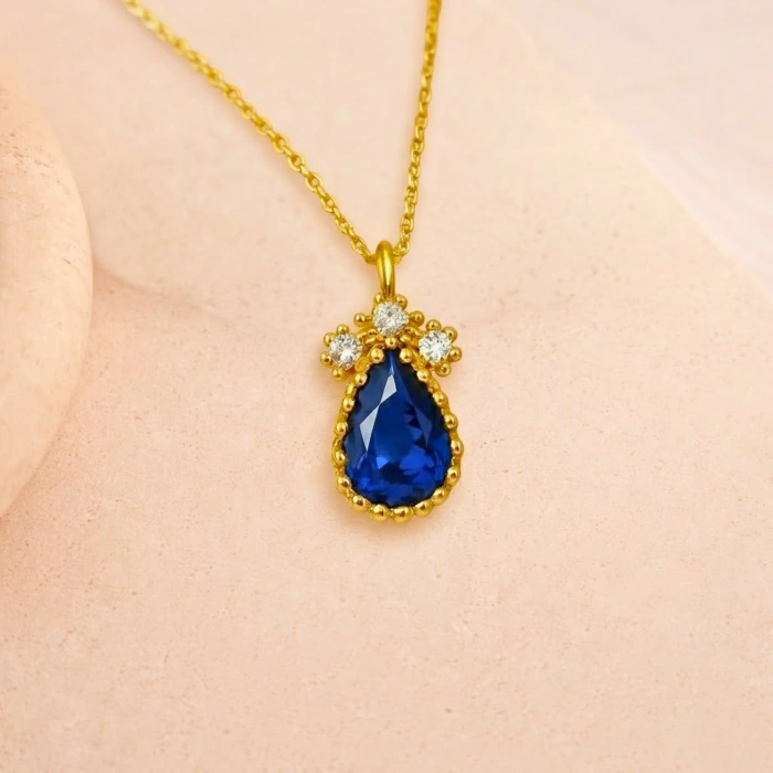 14K Solid Gold Blue Sapphire Teardrop Necklace