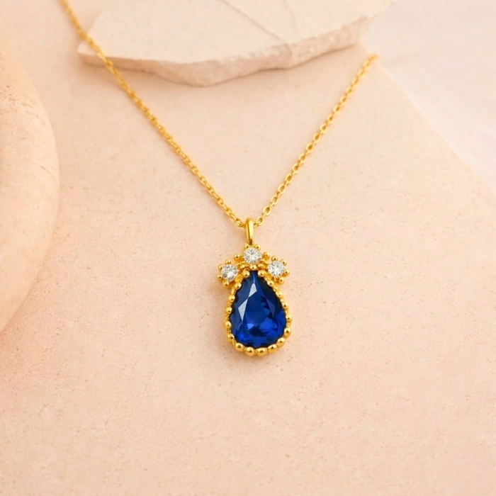 14K Solid Gold Blue Sapphire Teardrop Necklace