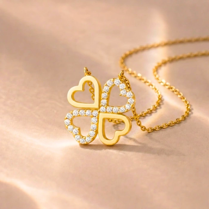 14K Solid Gold Double Heart Clover Necklace