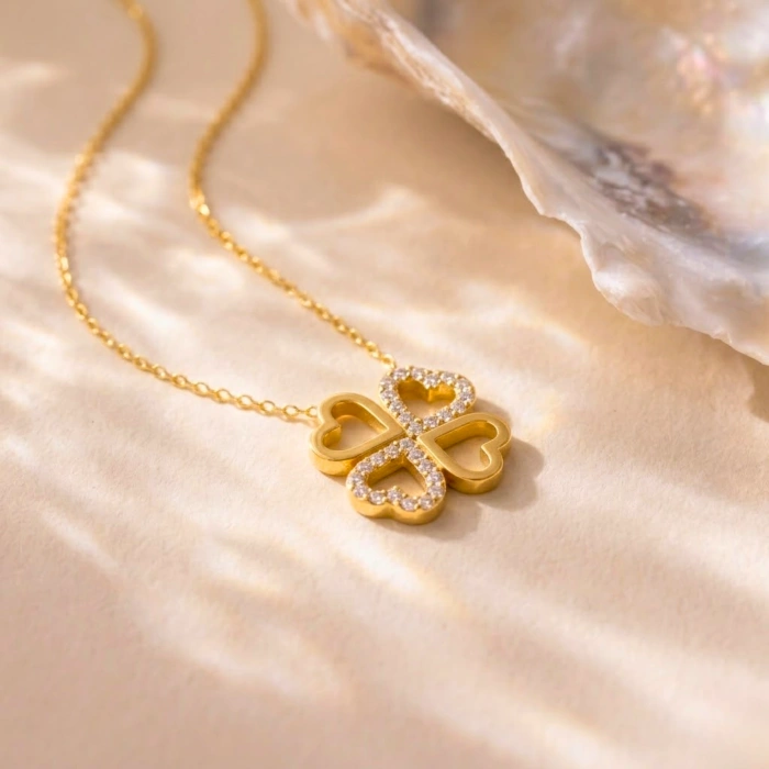 14K Solid Gold Double Heart Clover Necklace