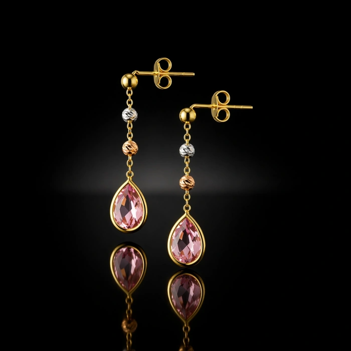 14 Ayar Pembe Safir Sallantı Küpe