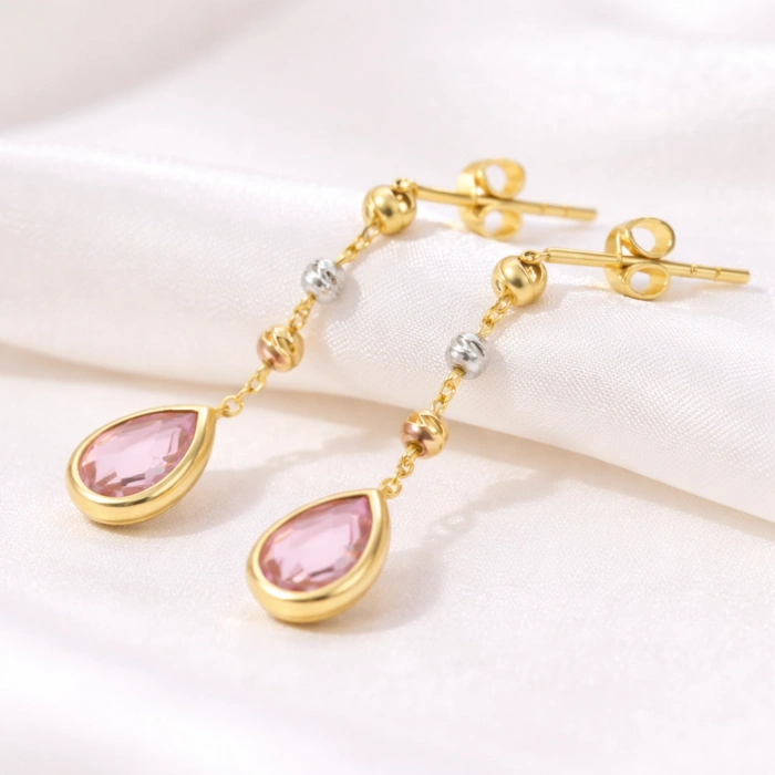 14 Ayar Pembe Safir Sallantı Küpe