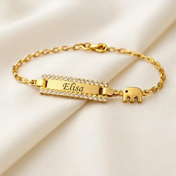 14K Solid Gold Elephant Baby Name Bracelet