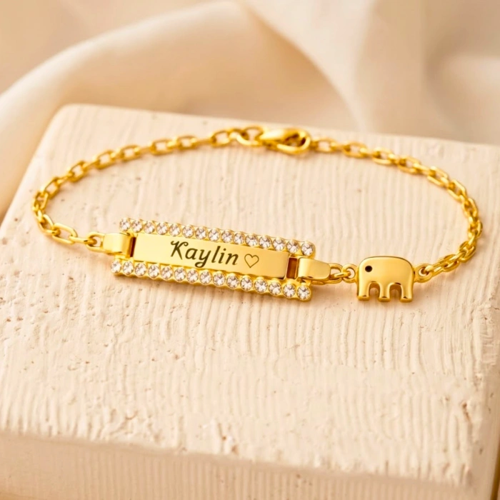 14K Solid Gold Elephant Baby Name Bracelet