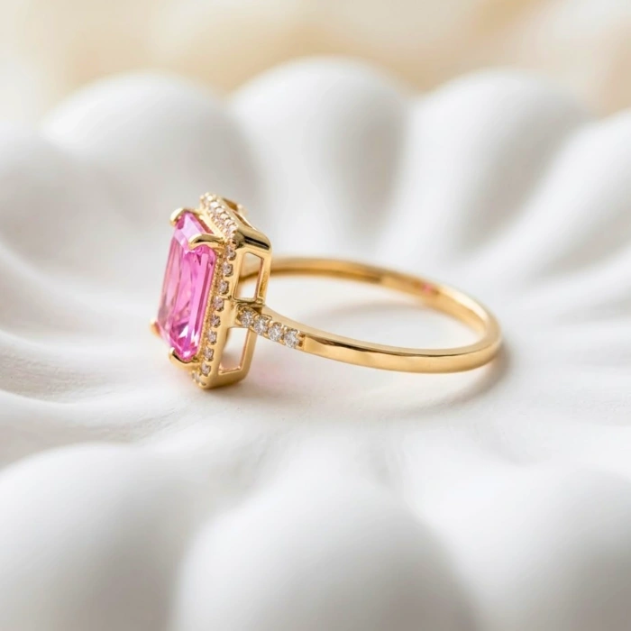 14K Solid Gold Solitaire Pink Topaz Ring