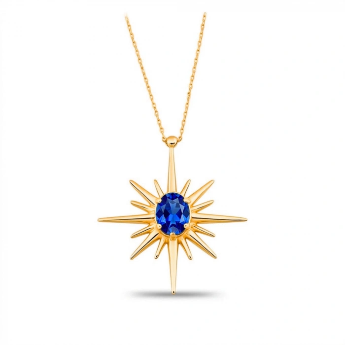 14 Ayar Altın Kutup Yıldızı Safir Kolye
