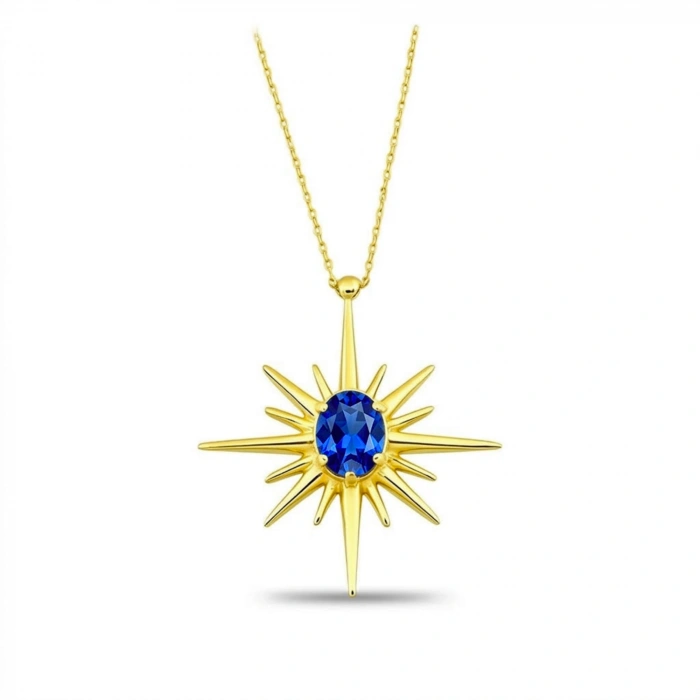 14 Ayar Altın Kutup Yıldızı Safir Kolye