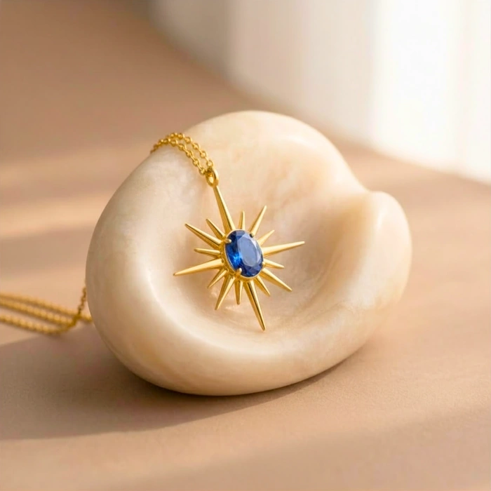 14 Ayar Altın Kutup Yıldızı Safir Kolye