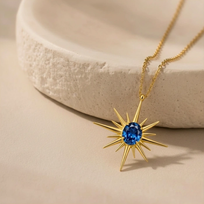 14 Ayar Altın Kutup Yıldızı Safir Kolye