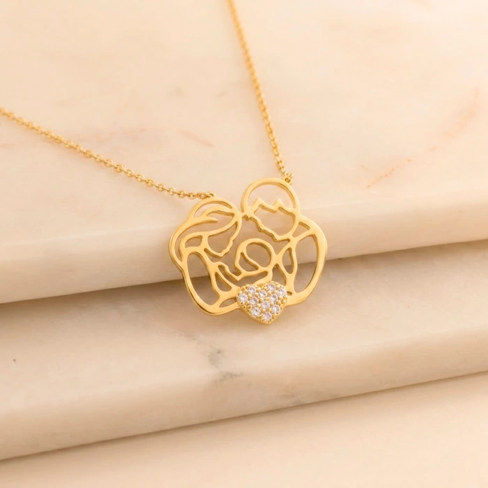 14K Solid Gold Heart Family Necklace