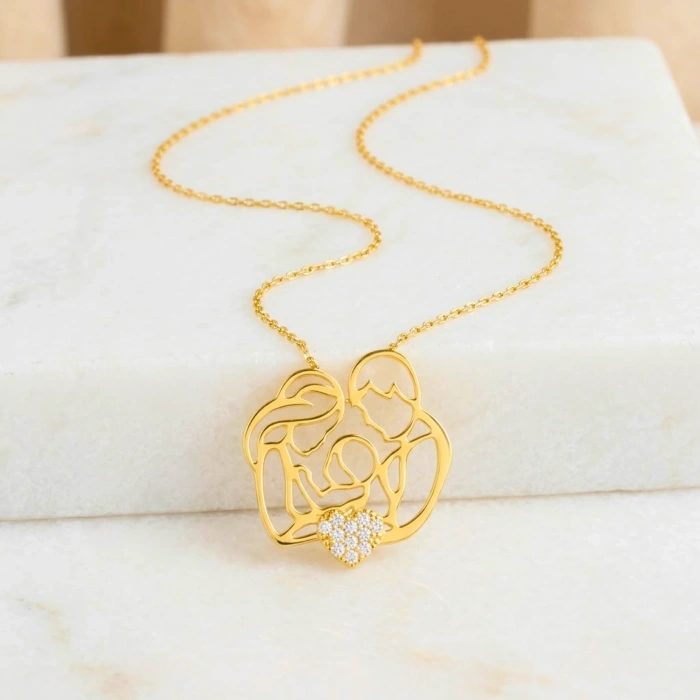 14K Solid Gold Heart Family Necklace
