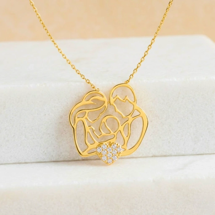 14K Solid Gold Heart Family Necklace