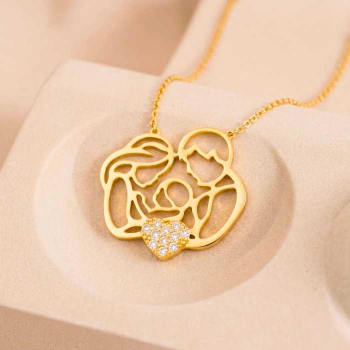 14K Solid Gold Heart Family Necklace