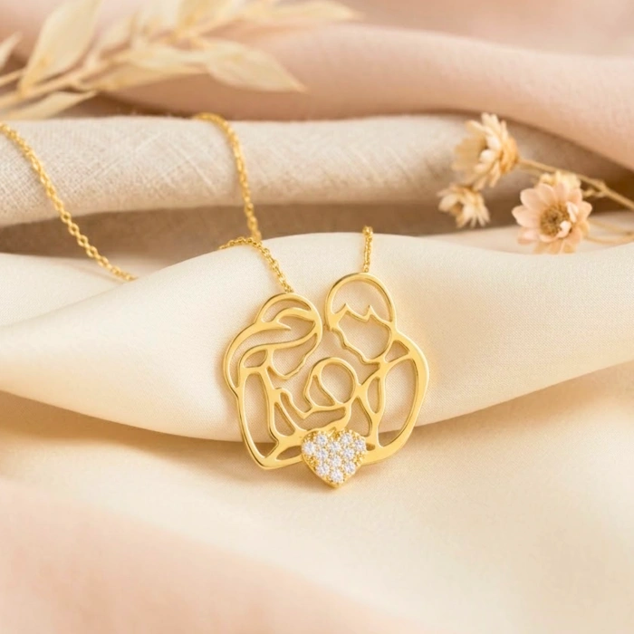 14K Solid Gold Heart Family Necklace