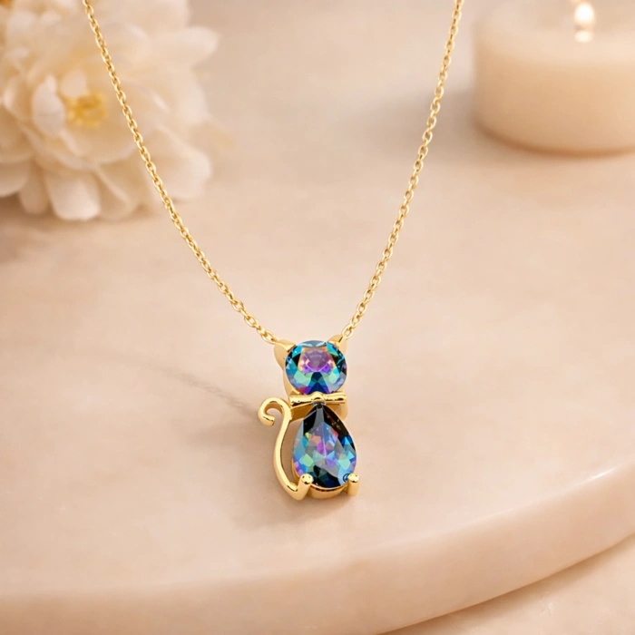 14 Ayar Altın Mistik Topaz Kedi Kolye