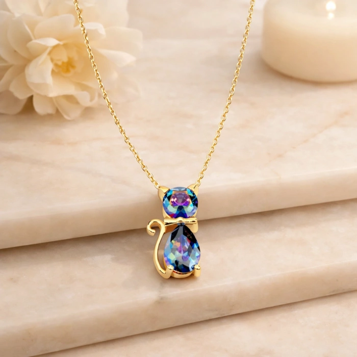 14 Ayar Altın Mistik Topaz Kedi Kolye