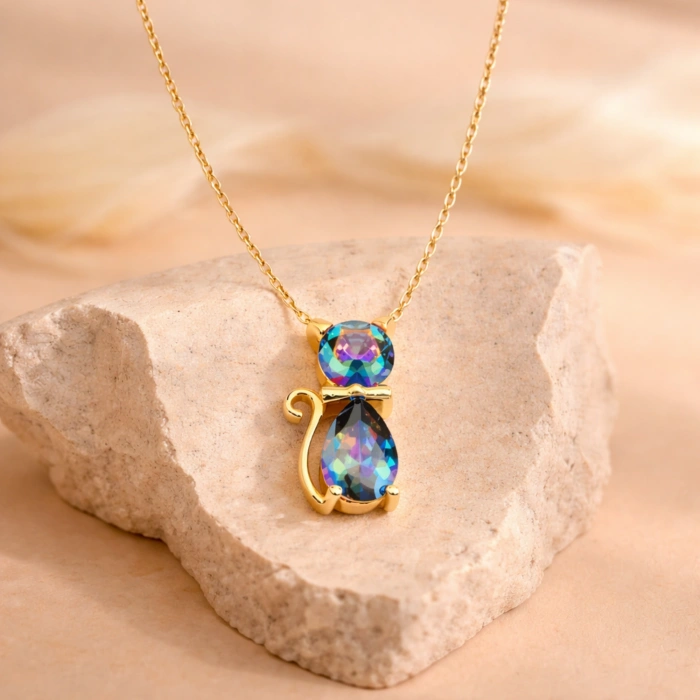 14 Ayar Altın Mistik Topaz Kedi Kolye