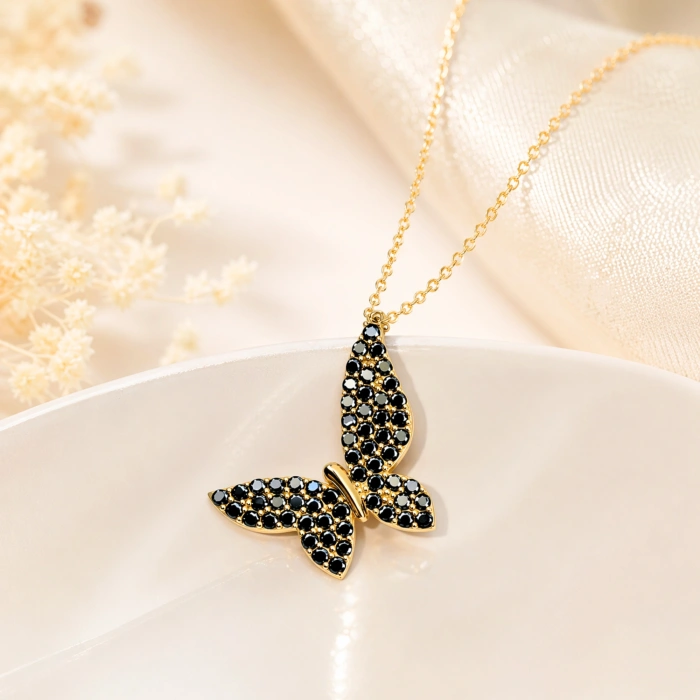 14 Ayar Altın Siyah Oniks Kelebek Kolye