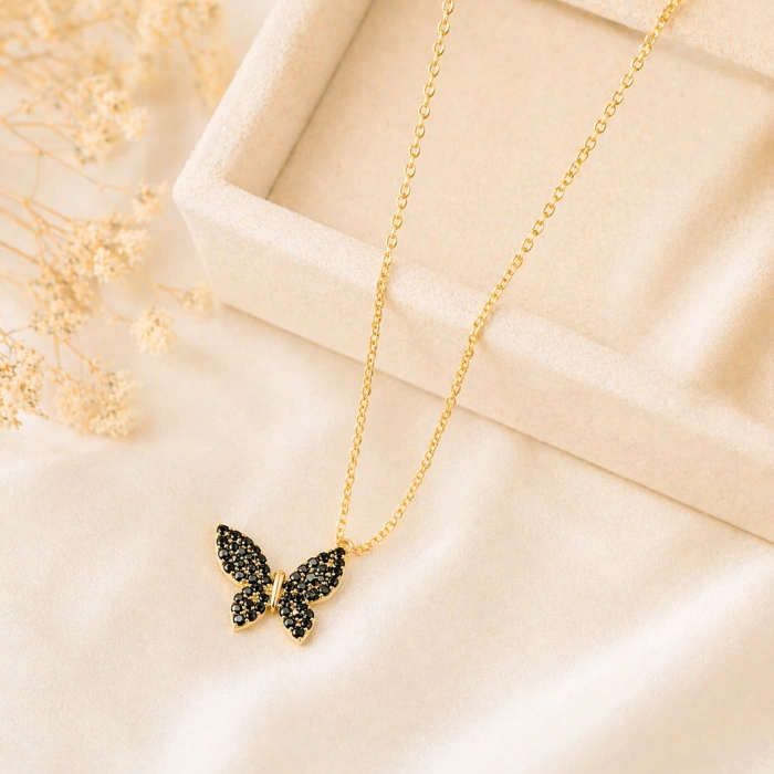 14 Ayar Altın Siyah Oniks Kelebek Kolye