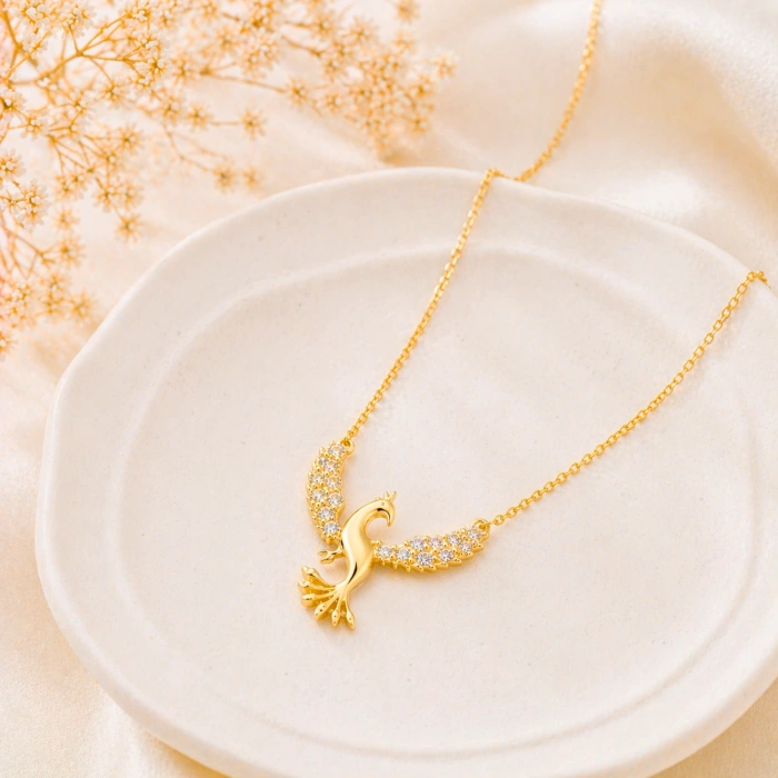 14 Ayar Altın Zirkon Taşlı Anka Kuşu Kolye