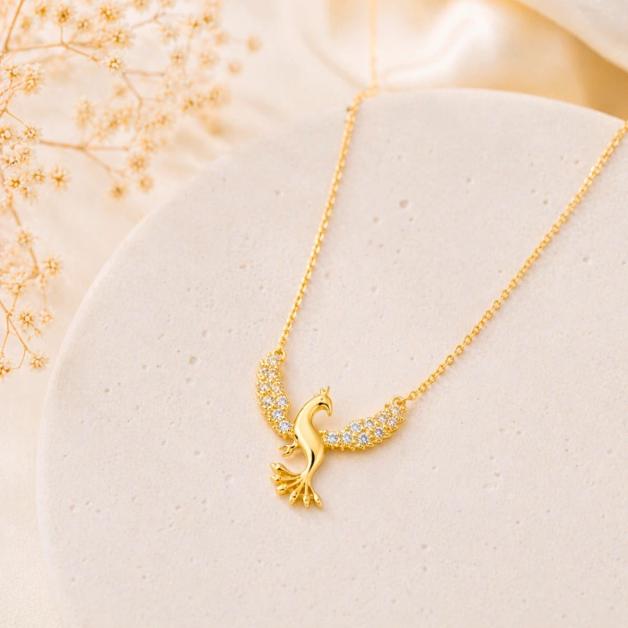 14 Ayar Altın Zirkon Taşlı Anka Kuşu Kolye