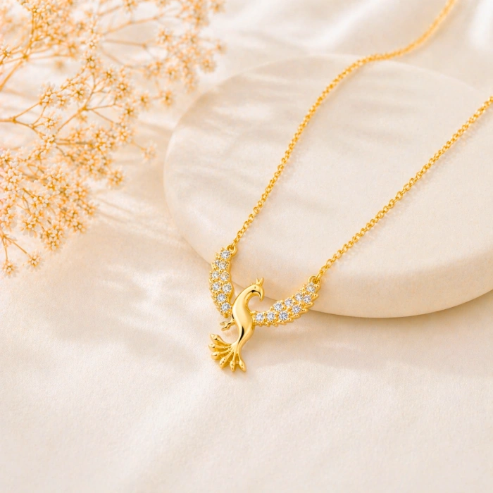 14 Ayar Altın Zirkon Taşlı Anka Kuşu Kolye