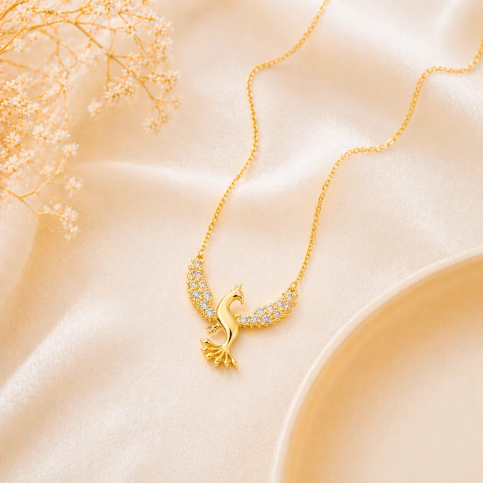 14 Ayar Altın Zirkon Taşlı Anka Kuşu Kolye