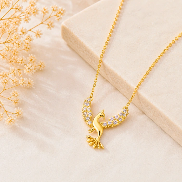 14 Ayar Altın Zirkon Taşlı Anka Kuşu Kolye