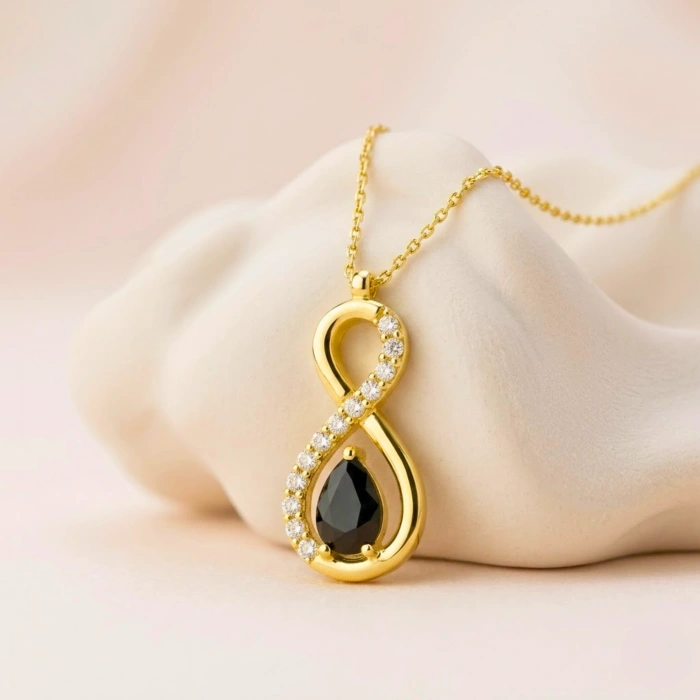 14K Solid Gold Black Onyx Infinity Necklace