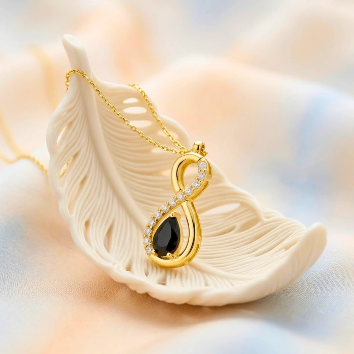 14K Solid Gold Black Onyx Infinity Necklace
