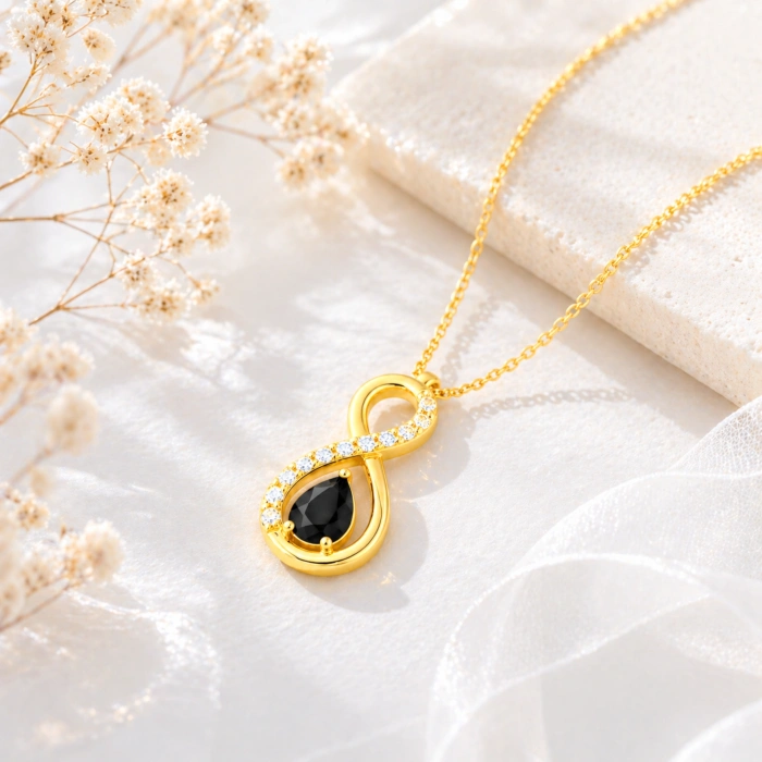 14K Solid Gold Black Onyx Infinity Necklace