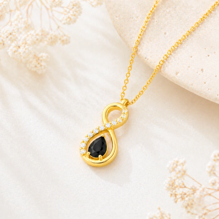 14K Solid Gold Black Onyx Infinity Necklace