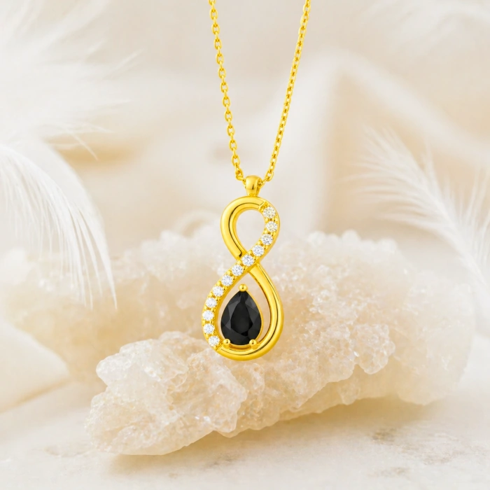 14K Solid Gold Black Onyx Infinity Necklace