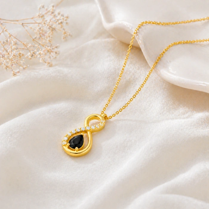 14K Solid Gold Black Onyx Infinity Necklace