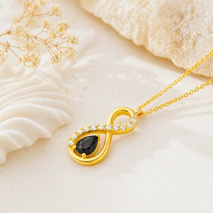 14K Solid Gold Black Onyx Infinity Necklace