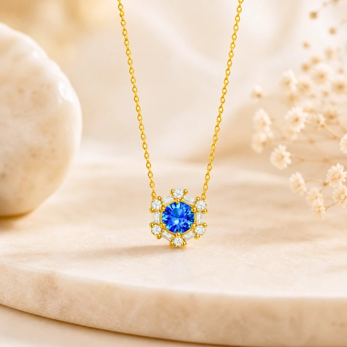 14K Solid Gold Blue Sapphire Necklace, Baguette Cut Gold Necklace