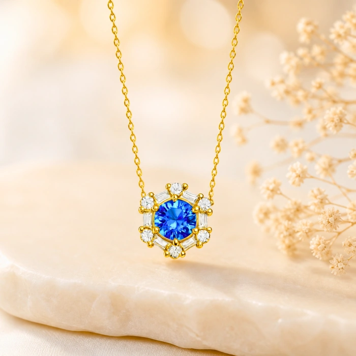14K Solid Gold Blue Sapphire Necklace, Baguette Cut Gold Necklace