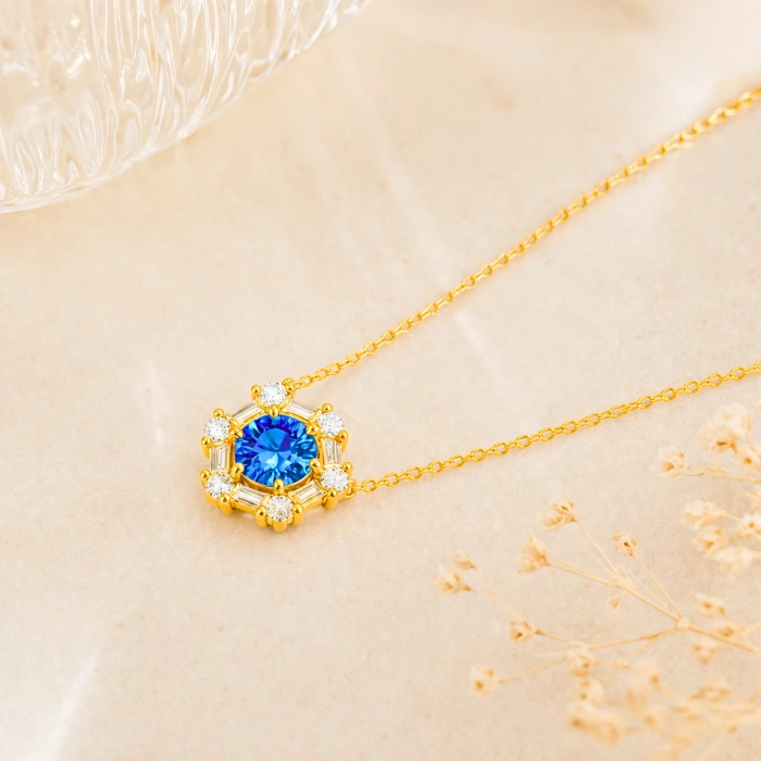 14K Solid Gold Blue Sapphire Necklace, Baguette Cut Gold Necklace