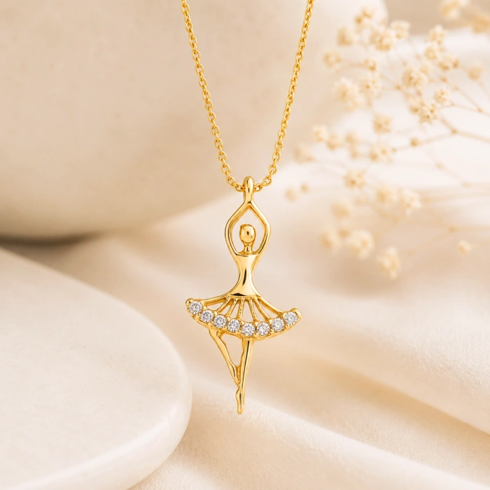14K Solid Gold Ballerina Necklace, Elegant Dancer Girl & Fairy Pendant