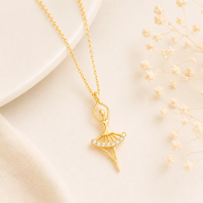 14K Solid Gold Ballerina Necklace, Elegant Dancer Girl & Fairy Pendant