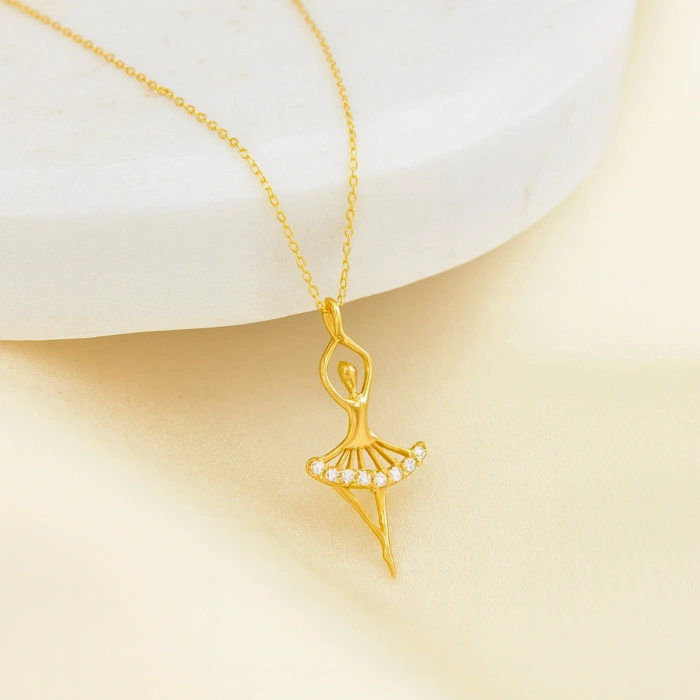 14K Solid Gold Ballerina Necklace, Elegant Dancer Girl & Fairy Pendant
