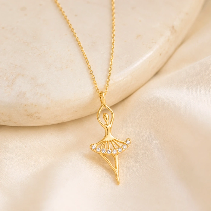 14K Solid Gold Ballerina Necklace, Elegant Dancer Girl & Fairy Pendant