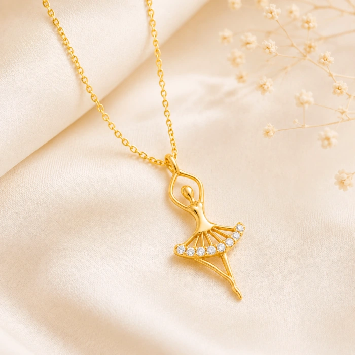 14K Solid Gold Ballerina Necklace, Elegant Dancer Girl & Fairy Pendant