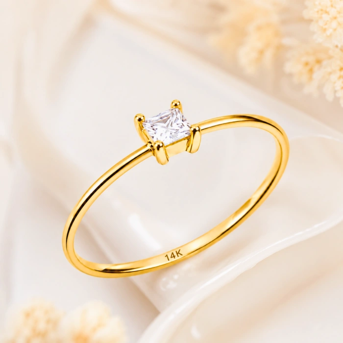 14K Solid Gold Princess Cut Solitaire Ring