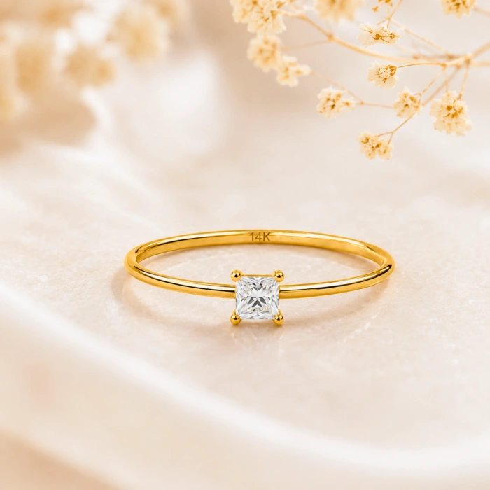 14K Solid Gold Princess Cut Solitaire Ring