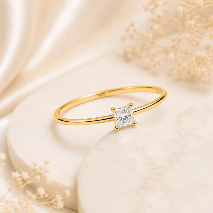 14K Solid Gold Princess Cut Solitaire Ring